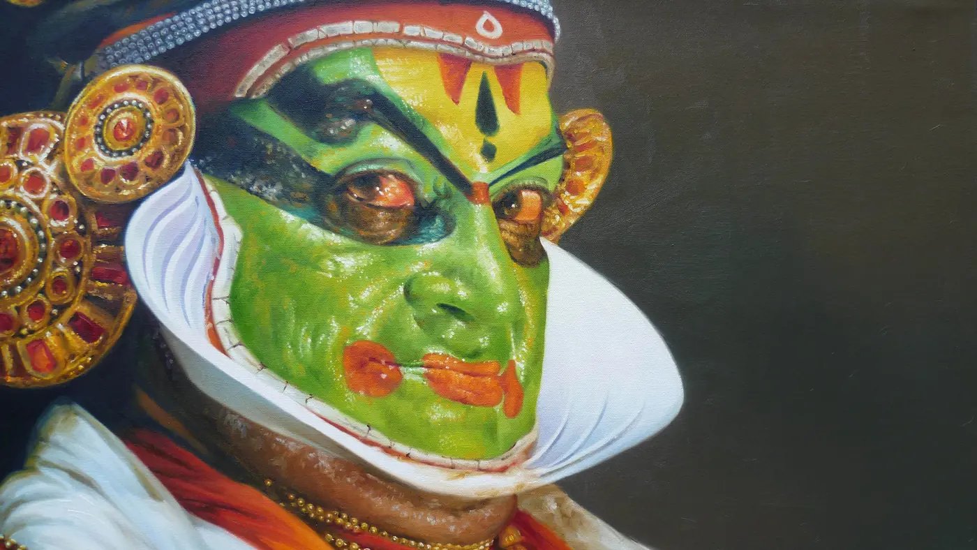 Un actor de Kathakali con la caracterizacion completa
