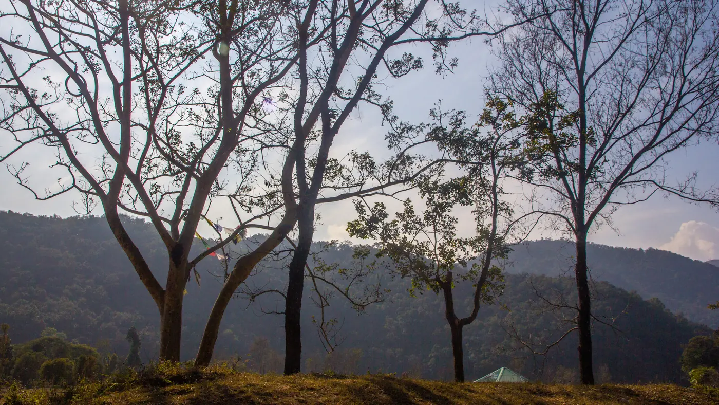 Colinas boscosas al atardecer en las afueras de Pokhara